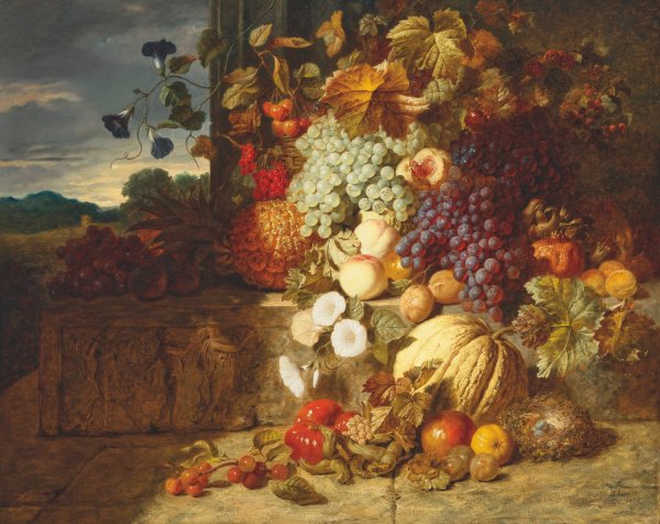 Grapes, peaches, a melon and other fruit on a stone frieze with a bird's nest  by George Lance - Hand-Painted Oil Painting Reproduction