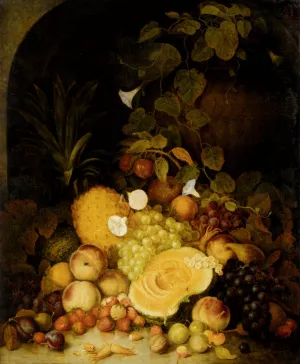Still Life with Peaches, Plums, Strawberries and Tropical Fruits in an Architectural Miche Oil painting by George Lance