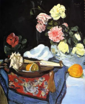 Fruit and Flowers on a Draped Table Oil painting by George Leslie Hunter
