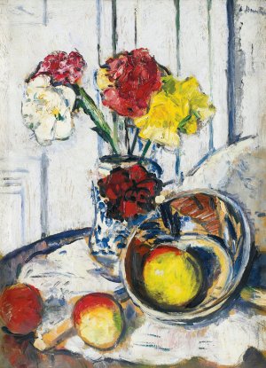 Still Life Of Apples And Flowers In A Blue Vase by George Leslie Hunter Oil Painting