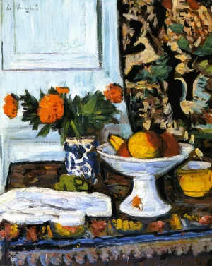 Still Life with Fruit and Marigolds in a Chinese Vase painting by George Leslie Hunter