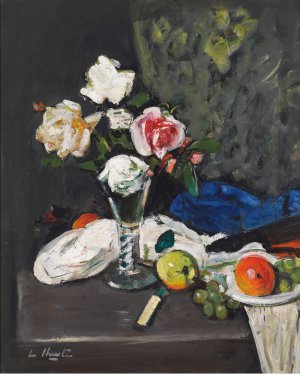 Still Life With Fruit And Roses In A Wine Glass by George Leslie Hunter Oil Painting