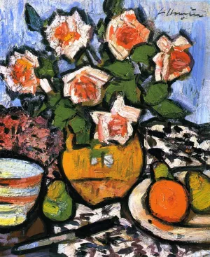 Still Life with Roses, Fruit and Knife Oil painting by George Leslie Hunter