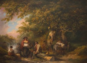 Gypsy Encampment with Seated Man Breaking Firewood by George Morland Oil Painting