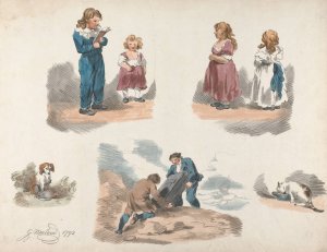 Studies of Children, a Dog, a Cat, etc. by George Morland Oil Painting