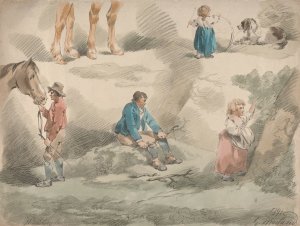 Studies of Girls, one Playing with Hoop, one Picking Berries, Man and Horse, etc. by George Morland Oil Painting