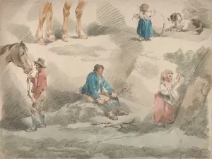 Studies of Girls, one Playing with Hoop, one Picking Berries, Man and Horse, etc. by George Morland Oil Painting