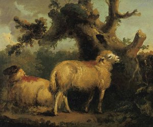 Two Sheep In A Landscape by George Morland Oil Painting