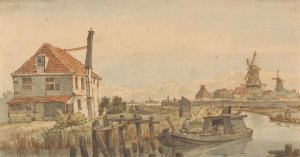 Vaart met een boot, een huis en twee molens by George Pieter Westenberg Oil Painting