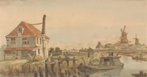 Vaart met een boot, een huis en twee molens by George Pieter Westenberg Oil Painting