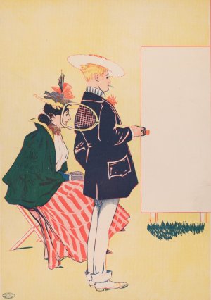 Woman seated, man standing with tennis racket looking at empty sign by George Reiter Brill Oil Painting