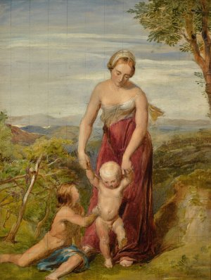 A woman with two children in a hilly landscape by George Richmond Oil Painting