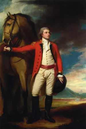 Portrait of Major James Harelty, Full-Length, in Uniform, Holding His Horse, a Formation of Soldiers Beyond by George Romney - Oil Painting Reproduction