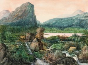 A Mountainous Landscape with a Lake and waterfalls by George Sand Oil Painting