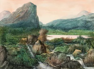 A Mountainous Landscape with a Lake and waterfalls by George Sand Oil Painting