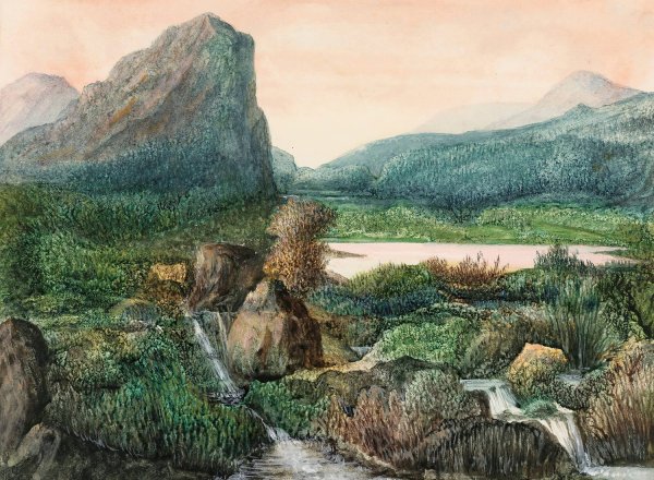 A Mountainous Landscape with a Lake and waterfalls by George Sand - Hand-Painted Oil Painting Reproduction