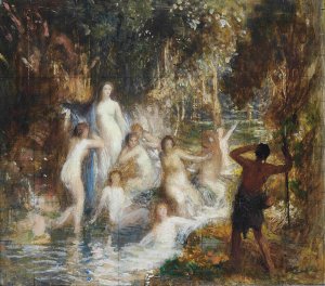 Allegorical figures in a stream by George Spencer Watson Oil Painting