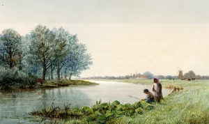 Children Playing By A River, A Village Beyond by George Stanfield Walters - Oil Painting Reproduction