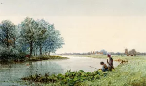 Children Playing By A River, A Village Beyond Oil painting by George Stanfield Walters