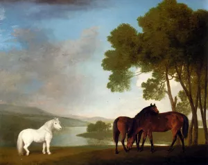 Two Bay Mares and a Grey Pony in a Landscape painting by George Stubbs