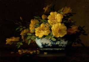 Still Life of Yellow Roses in an Oriental Vase by George W. Seavey Oil Painting