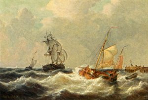 Sailing Vessels In Choppy Waters by George Willem Opdenhoff Oil Painting