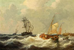 Sailing Vessels In Choppy Waters Oil painting by George Willem Opdenhoff