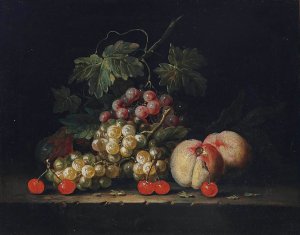 Grapes, peaches and cherries on a stone ledge by George William Sartorius Oil Painting
