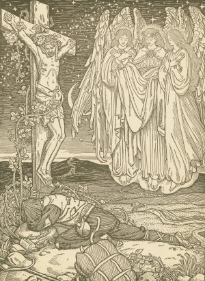 Behold three shining ones came to him, and saluted him, with Peace be to thee by George Woolliscroft Rhead Oil Painting