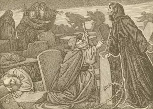 They perceived several men walking up and down among the tombs that were there Oil painting by George Woolliscroft Rhead