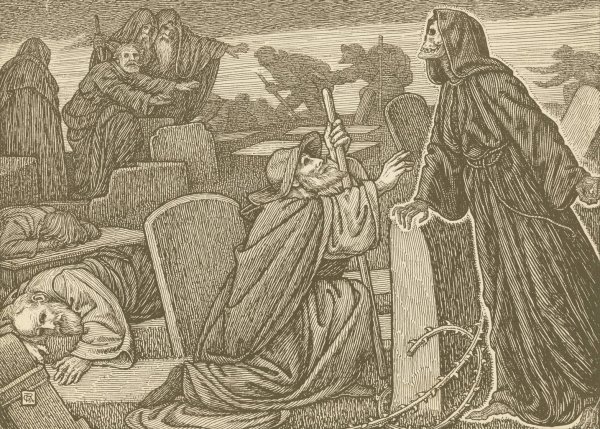 They perceived several men walking up and down among the tombs that were there by George Woolliscroft Rhead - Hand-Painted Oil Painting Reproduction