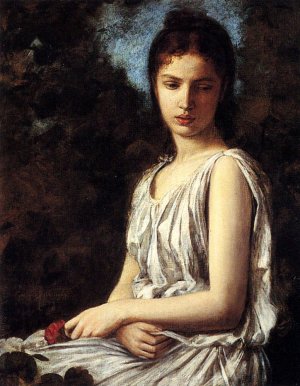A Young Woman In Classical Dress Holding A Red Rose