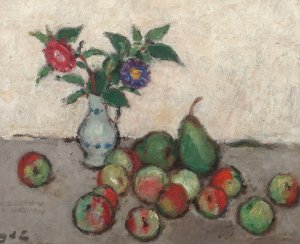 Still life with flowers in a blue and white vase with apples and pears on a table by Georges D'Espagnat Oil Painting