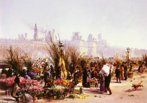 Le Marche Aux Fleurs A Paris by Georges Fraipont - Oil Painting Reproduction