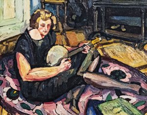 Luce on the banjo in the living room in Rabastens by Georges Gaudion Oil Painting