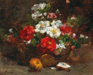 A basket full of flowers by Georges Jeannin Oil Painting