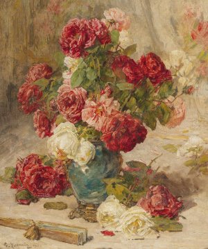 A still life with roses in a vase and a fan by Georges Jeannin Oil Painting