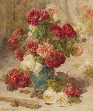 A still life with roses in a vase and a fan by Georges Jeannin Oil Painting