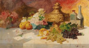Large Still Life with Fruit by Georges Jeannin Oil Painting