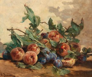 Still Life with Fruit, with Plums and Peaches by Georges Jeannin Oil Painting