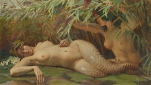 Nymph discovering a mermaid in the reeds by Georges-Marie-Julien Girardot Oil Painting