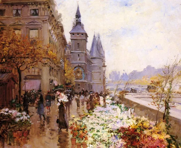 A Flower Market Along the Seine painting by Georges Stein