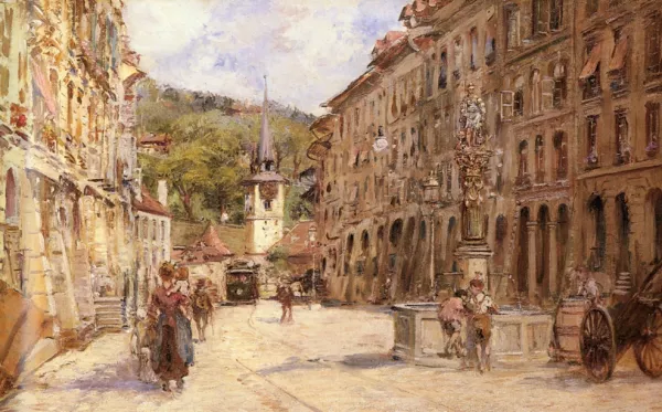 A Street Scene in Bern, Georges Stein - Oil Paintings
