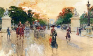 Busy Traffic On The Champs Elysees, Paris by Georges Stein Oil Painting