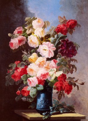 A Still Life With Roses And Peonies In A Blue Vase