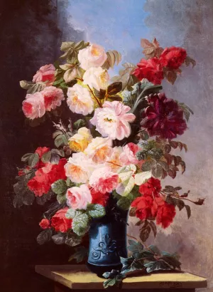 A Still Life With Roses And Peonies In A Blue Vase painting by Georges Viard