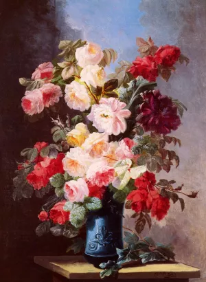 A Still Life With Roses And Peonies In A Blue Vase