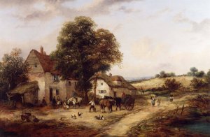 A Farmyard with Figures and Horses by Georgina Lara Oil Painting