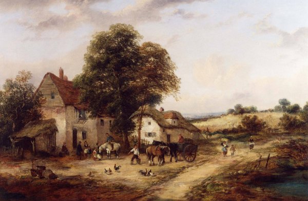 A Farmyard with Figures and Horses by Georgina Lara - Hand-Painted Oil Painting Reproduction