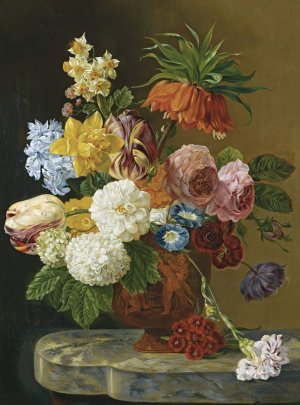 A Still Life With Roses, Peonies, Tulips, Daffodils, Carnations And Other Flowers In A Vase by Georgius Jacobus Johannes Van Os Oil Painting
